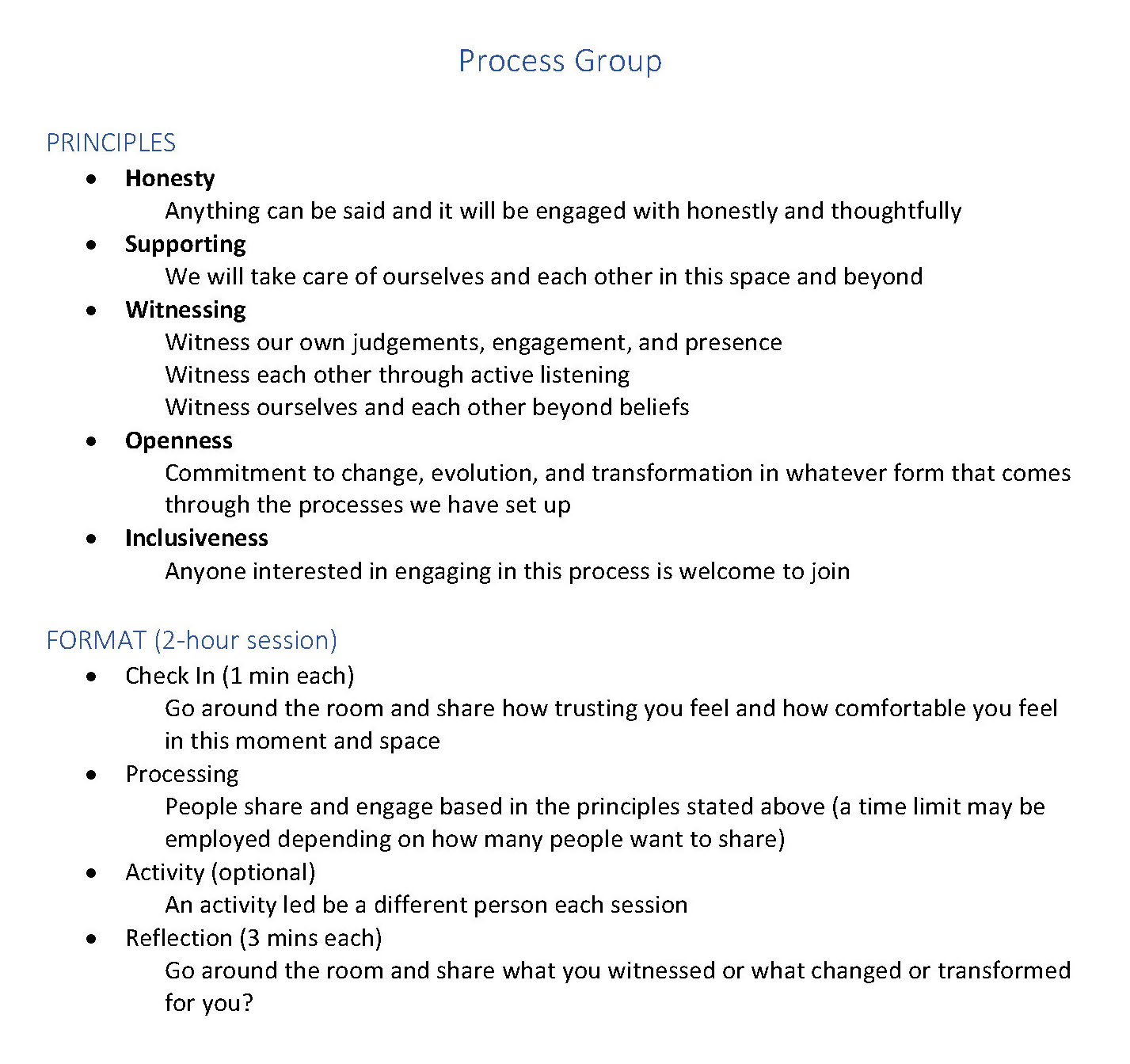 Principles and format of the process group